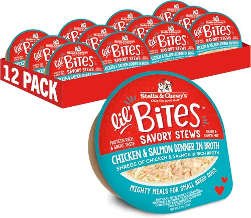 Stella & Chewy's Lil Bites - Guisos salados para razas pequeñas, cena de pollo y salmón en caldo, tazas de 2.7 onzas (paquete de 12)