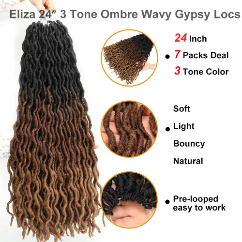 Miniatura 2 de Eliza Locs Gitanos Ondulados de 24 Pulgadas Cabello de Ganchillo Ombré 7 Paquetes Locs de Diosa Locs Falsos Cabello de Ganchillo Raíces Africanas