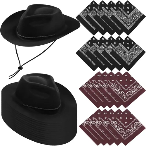 Hillban Paquete de 48 sombreros de vaquero y bandanas, sombreros de vaquero de plástico de fieltro para mujeres y hombres, suministros de fiesta del