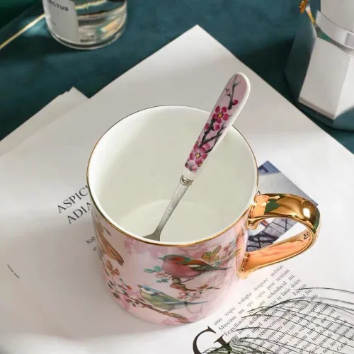 Miniatura 3 de Taza de café de porcelana de porcelana de hueso para la oficina de la cocina del hogar - Patrones de pájaros (azul)