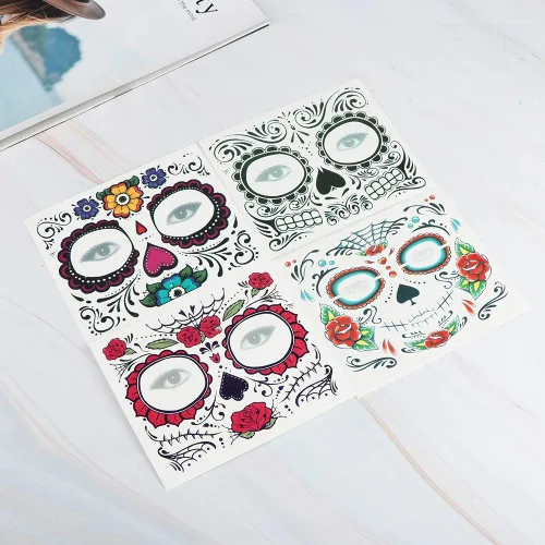 Miniatura 5 de Calcomanías de tatuaje facial de Halloween, tatuajes del Día de los Muertos, calcomanías de transferencia de agua con tela floral roja rosa negra