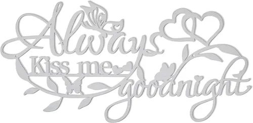 Miniatura 9 de KHayRovies Letrero de metal para decoración del hogar, texto en inglés "Always Kiss Me Goodnight", diseño de mariposas y corazón, esculturas