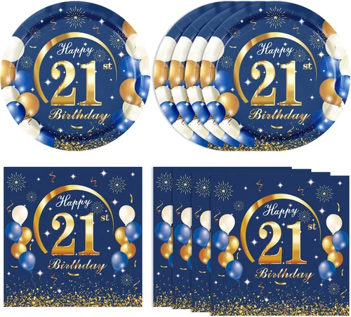 Miniatura 8 de 40 piezas de decoración para el 70 cumpleaños de hombres, azul marino y dorado, decoración de fiesta de cumpleaños feliz, incluye platos