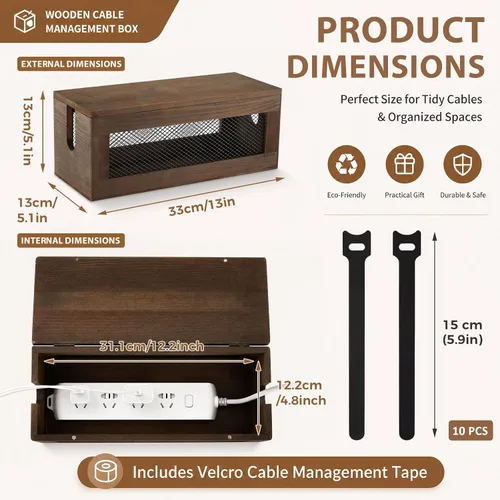 Miniatura 2 de Chunful Caja de organización de cables de 13 pulgadas, organizador de cables de madera con tapa magnética y organizador para regleta