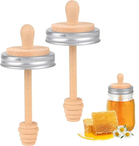 Miniatura 10 de Sun3drucker Juego de tarros de madera para miel con tapas, palo de madera para tarros de boca regular, tapas de panal de miel para boca regular