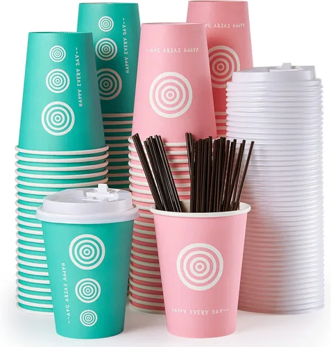 JollyPack Paquete de 100 tazas de papel para café de 12 onzas con tapas y agitadores en rosa y verde. Ideal para café, jugo, té, uso doméstico,