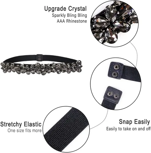 Miniatura 3 de Cinturón de diamantes de imitación para mujer, cinturones de vestir brillantes y delgados, cinturones de cintura elásticos para dama elegante