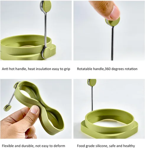 Miniatura 6 de Fdit Anillos de silicona para freír huevos, paquete de 5, cuadrados y redondos de doble cara, mango de aislamiento térmico, grado alimenticio
