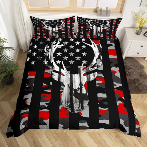 Miniatura 21 de Castle Fairy Funda de edredón con diseño de bandera estadounidense de camuflaje, tamaño individual, silueta de ciervo y árboles marrones, edredón