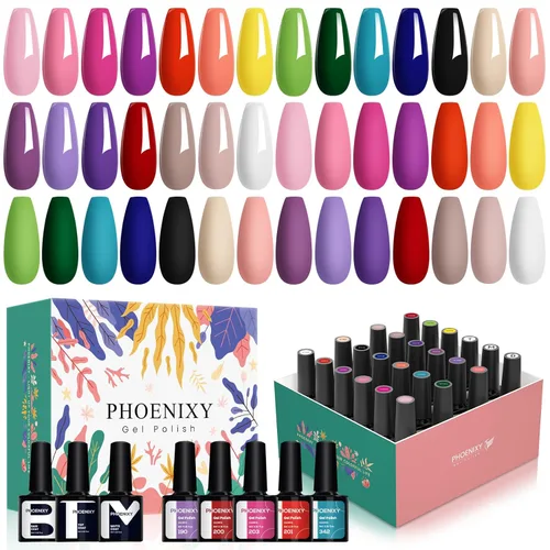 Miniatura 8 de phoenixy Juego de 24 esmaltes de uñas en gel, kit de uñas en gel removible de 21 colores, nude rosa rojo azul verde amarillo naranja, juego de 24