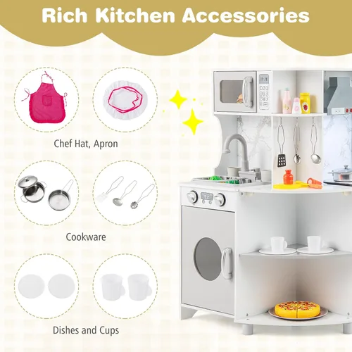 Miniatura 6 de Costzon Cocina de esquina para niños, juego de cocina de madera con circulación de agua, luz y sonido reales, microondas, campana extractora, gris