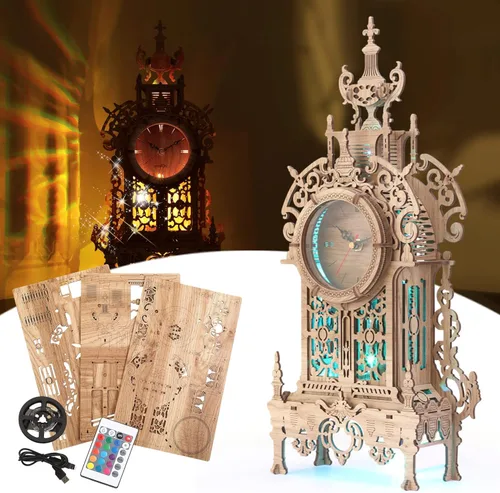 FUNPOLA Rompecabezas de madera 3D Reloj de torre LED, rompecabezas 3D edificio de escritorio, modelo de bloques de construcción arquitectónicos de