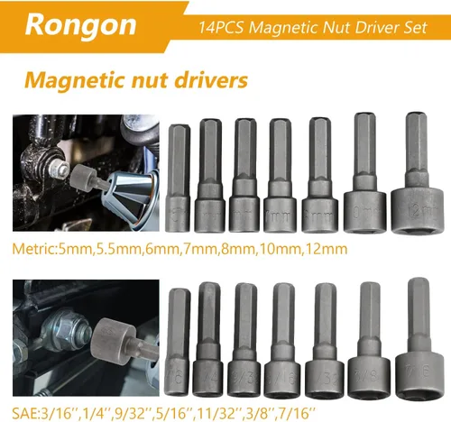 Miniatura 2 de Rongon Juego de 14 brocas para destornillador de tuerca eléctrica, tornillo de rosca métrica de acero, adaptador de brocas hexagonales de 1/4