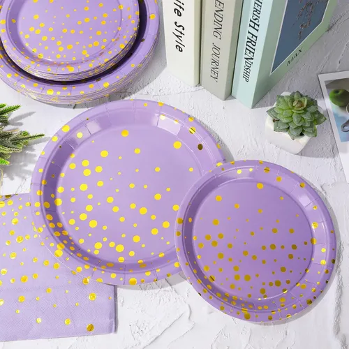 Miniatura 3 de Whaline Juego de vajilla de lavanda de 175 piezas de papel de aluminio morado con puntos dorados, platos de papel, servilletas y tazas para 25