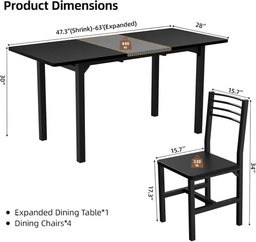 Miniatura 2 de VOWNER Juego de mesa de comedor extensible de 63 pulgadas para 4-6 personas, juego de mesa de comedor de 5 piezas para 4 personas con 4 sillas