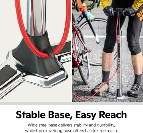 Miniatura 21 de Schwinn Serie Air Center o bomba de piso básica, para una gama de bicicletas, 100, 120 o 160 PSI, mango de agarre suave, cabezal doble para válvulas