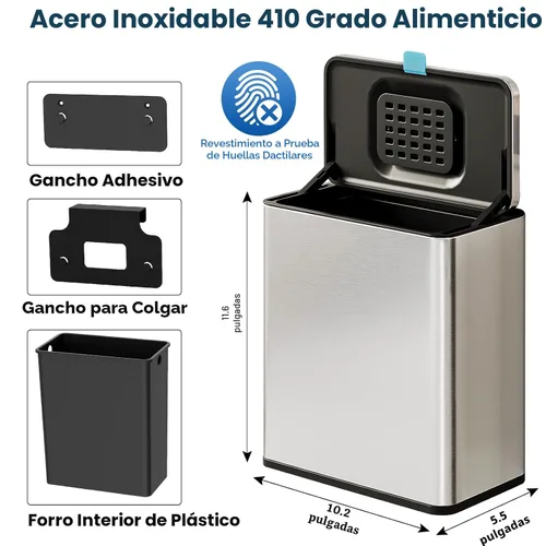Miniatura 6 de Basurero colgante de acero inoxidable con tapa y cubo interior, contenedor de compost de cocina de 2 galones para encimera, debajo del fregadero