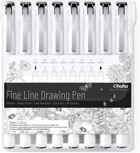 Ohuhu Fineliner Bolígrafos Micro Dibujo: Puntas de 8 tamaños (ultrafinas, finas y con pincel) Tinta negra de pigmento impermeable para ilustración,