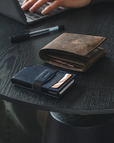 Miniatura 5 de VULKIT Billetera desplegable para tarjetas con correa de dinero, bolsillo frontal de cuero, con ventana de identificación, bloqueo RFID, funda