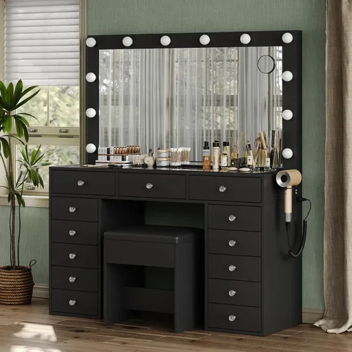 Miniatura 12 de Yanosaku Tocador de maquillaje de 47" con estación de carga, escritorio de maquillaje con 13 cajones con 12 bombillas LED y espejo HD, brillo