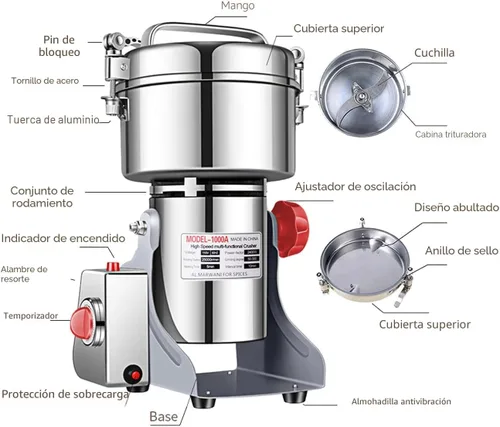 Miniatura 3 de Molinillo de granos eléctrico de 1000 g de alta velocidad para especias y hierbas, máquina comercial para polvo de cereales secos, granos, hierbas