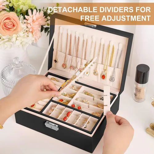 Miniatura 6 de Sanikeon Cajas de joyería para mujeres y niñas 2 capas organizador de joyas caja de cuero con cerradura caja de almacenamiento de joyas bandeja