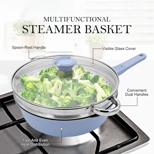 Miniatura 7 de Sartén profunda antiadherente de 12 pulgadas con vaporizador, sartén de 5 cuartos de galón con tapa, utensilios de cocina para cocinar a vapor