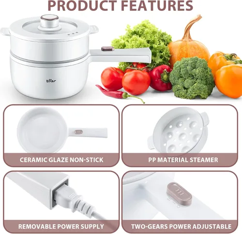Miniatura 6 de Bear Hot Pot - Olla eléctrica con vaporizador, olla rápida de fideos de 1.6L, mini olla, sartén antiadherente para carne, ramen, huevo, avena, sopa
