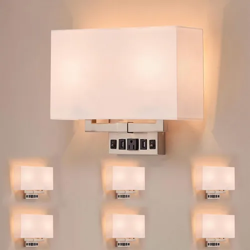 LEDMyplace - Lámpara de pared LED de 2 luces, 120 V, base E26, cuerpo de hierro y pantalla de tela blanca, certificación UL, acabado de níquel