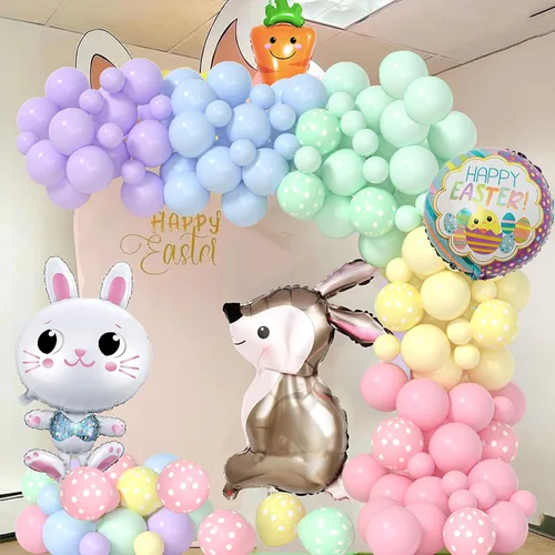 Miniatura 4 de Yumiche Arco de globos de Pascua, arco de globos de primavera, arco Ki con globos pastel, globos de papel de aluminio de conejo y zanahoria