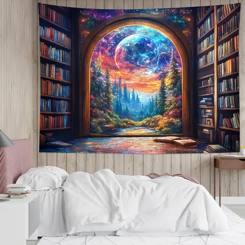 Miniatura 28 de LB Tapiz de cielo nocturno, luna llena en el mar, tapiz para colgar en la pared, tapiz de nube blanca de fantasía, tapiz de acuarela, arte de pared