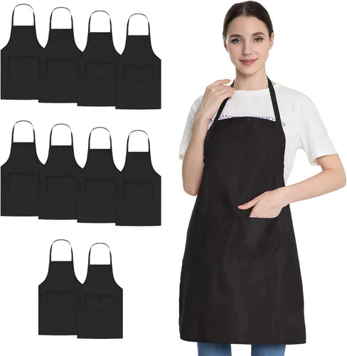 Delantal negro con bolsillos para mujeres, hombres, adultos, chef, juego de 10 delantales de cocina a granel para cocinar, hornear, restaurante,