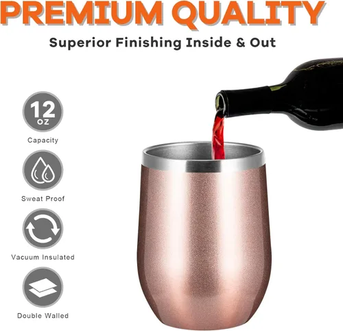 Miniatura 4 de COMOOO Vaso de vino de acero inoxidable con tapa y pajita, 12 onzas, doble pared aislada al vacío, vaso de viaje para café, vino, cócteles, champán