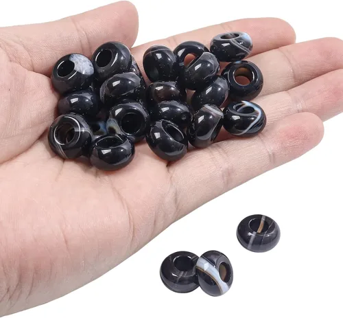 Miniatura 2 de favoramulet 25 cuentas europeas de Rondelle con agujero grande (0.197-0.236 in) para pulseras de dijes, fabricación de joyas, ágata negra