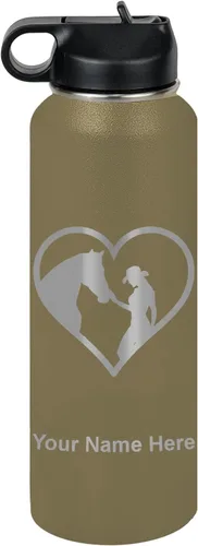 Miniatura 68 de LaserGram Botella de agua personalizada, corazón de vaquera de caballo, acero inoxidable de doble pared aislada al vacío con popote superior, regalo