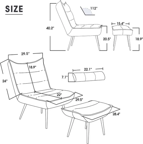 Miniatura 3 de MCombo Wingback - Silla decorativa con otomana, moderna tela bronceadora tapizada para espacios pequeños, sala de estar 4400 (gris oscuro)