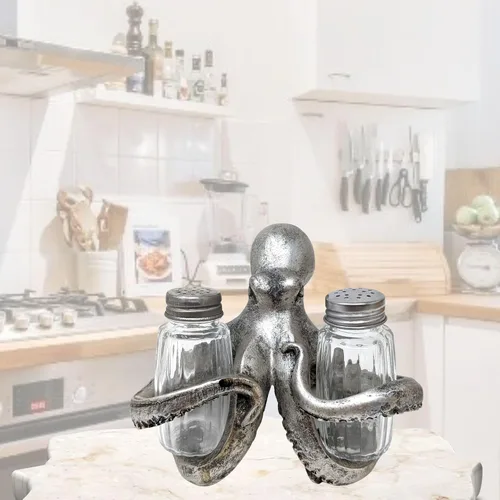 Miniatura 5 de BestGiftEver Juego de salero y pimentero náutico con soporte de pulpo plateado, decoración temática de playa, para entusiastas de la decoración