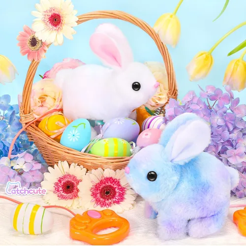 Miniatura 3 de CatchCute - Conejitos de peluche de Pascua para niños, conejo interactivo con sonidos, puede caminar y mover la cola con correa de control remoto