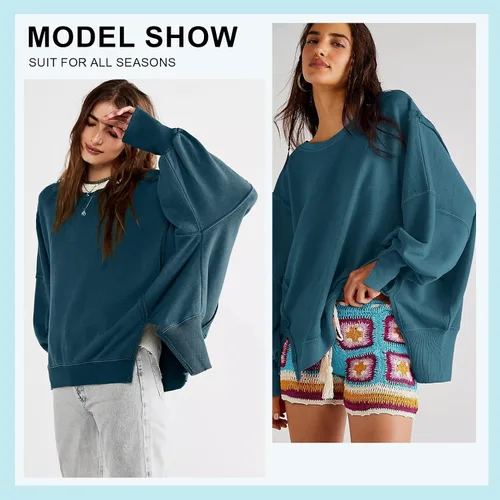 Miniatura 2 de Beaully Sudadera de gran tamaño con cuello redondo para mujer, con abertura lateral, manga larga, ropa de invierno