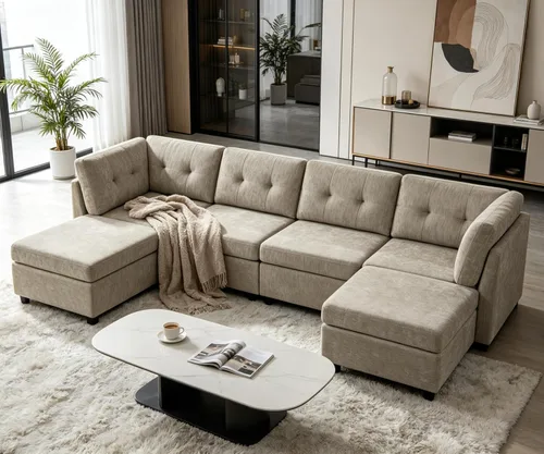 Miniatura 12 de VANOMi - Sofás seccionales de 6 plazas para sala de estar, sofá modular convertible de 118" en forma de nube, cómodos sofás de chenilla y sofás
