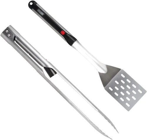 Juego de espátula y pinzas para parrilla de luz para parrilla | Acero inoxidable de grado restaurante | Luz LED superbrillante para asar en la