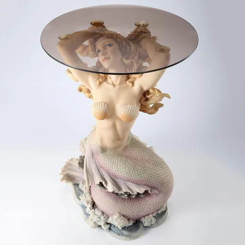 Miniatura 6 de Veronese Design 23 1/4 pulgadas de alto sirena de la cala redonda de cristal de la escultura de resina de la mesa de cristal pintado a mano acabado
