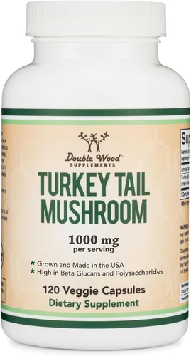 Double Wood - Cápsulas de suplemento de cola de pavo, 120 cápsulas para 2 meses (Coriolus versicolor), para el sistema inmunológico, cultivado y