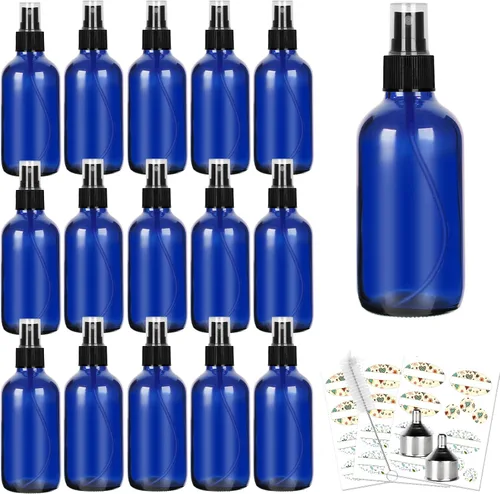 CycleMore, 16 botellas de spray de vidrio azul de 120 ml, 4 oz, con rociadores de niebla fina, botellas de vidrio para viajes para cosméticos, Azul