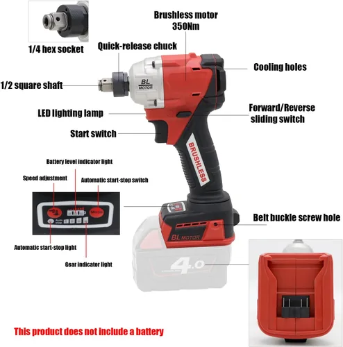 Miniatura 2 de BL350 Llave de impacto sin escobillas de 18 V, par de 350 Nm, accionamiento hexagonal de 1/2" y 1/4", 4 modos, ajustable de 4 velocidades