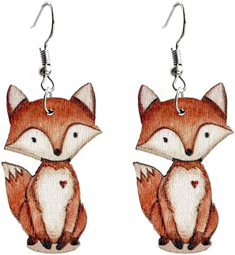 Aretes colgantes de zorro rojo de cobre, lindos aretes colgantes de mapache de madera, zorro, zorro, joyería hipoalergénica para regalos de mujer