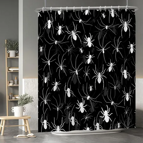 Miniatura 81 de Cortina de ducha de fantasma y gato negro para niños, 36 x 72 pulgadas, espeluznante y bonita, cortina de baño de Halloween con 6 ganchos, cortina