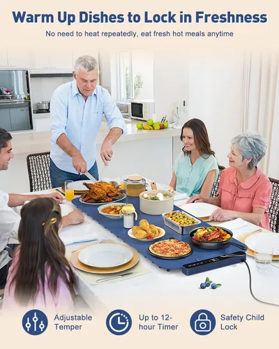 Miniatura 7 de Tapete de calentamiento de alimentos extra grande de 37 x 15 pulgadas con control de aplicación, bandeja de calentamiento eléctrica de temperatura