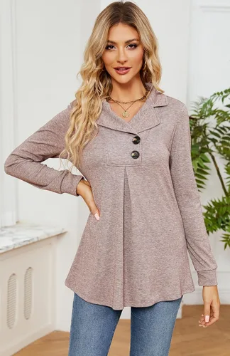 Miniatura 2 de Newchoice Blusa de manga larga para mujer, para leggings, casual, cuello de muesca, con botones, sudadera sin botones