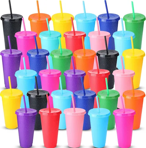 Miniatura 9 de Potchen Vaso reutilizable con purpurina con pajitas y tapas, vaso de plástico con tapas y popotes a granel, botella de agua, café helado, bebida